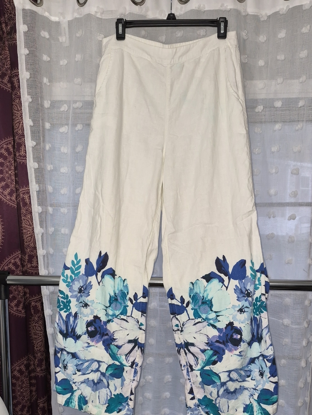 Soft Surroundings White Wide-Leg Pants with Blue Floral Hem